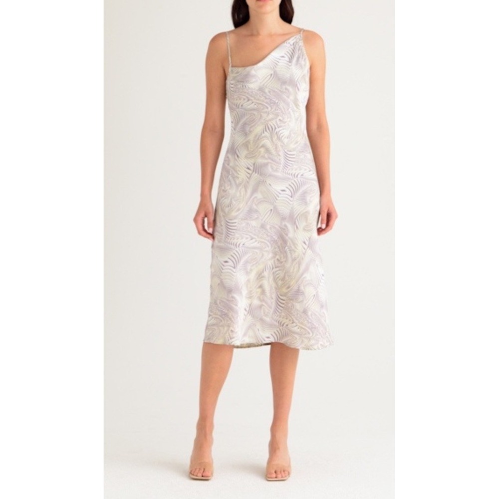 Open Edit Asymmetrical Draped Neck Satin Abstract Dress Size Large